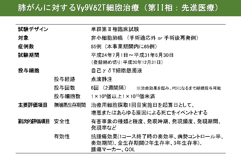 肺がんに対するVγ9Vδ2T細胞治療（第ⅠⅠ相：先進医療）
